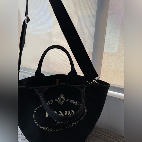 PRADA Canapa Tote bag Beach Bag - Black Canvas with strap and pouch LARGE. - Picture 4 of 10